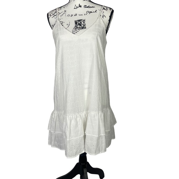 GB‎ Gianni Bini White Eyelet Dress Sleeveless Cotton Lined Ruffle Hem Small - Picture 1 of 6